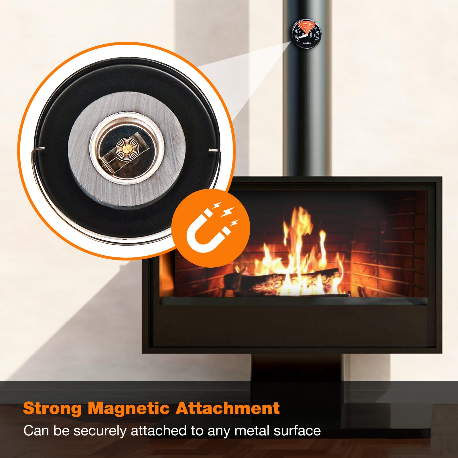 GALAFIRE dial reads 100–800°F for precise stove temperature awareness.