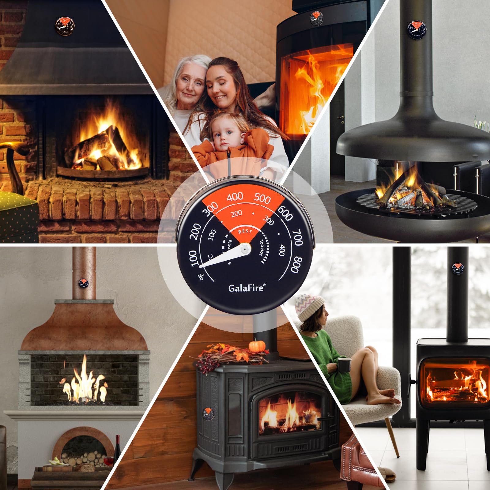 GALAFIRE single-wall flue thermometer compatible with stove setups.