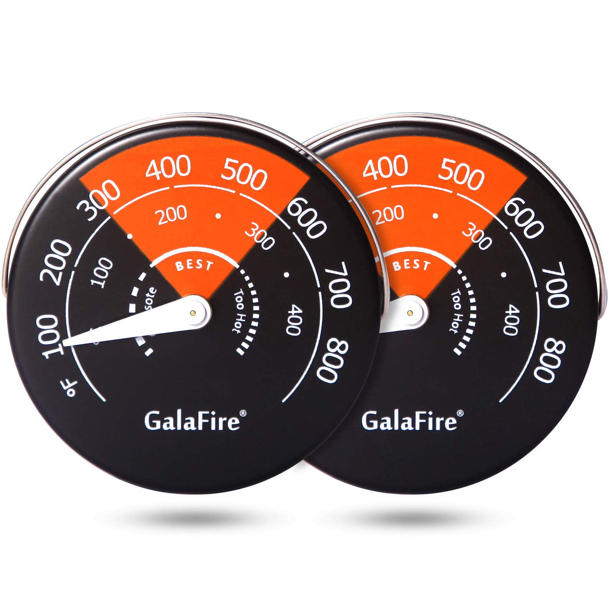 GALAFIRE thermometer on wood stove setup for easy heat monitoring.