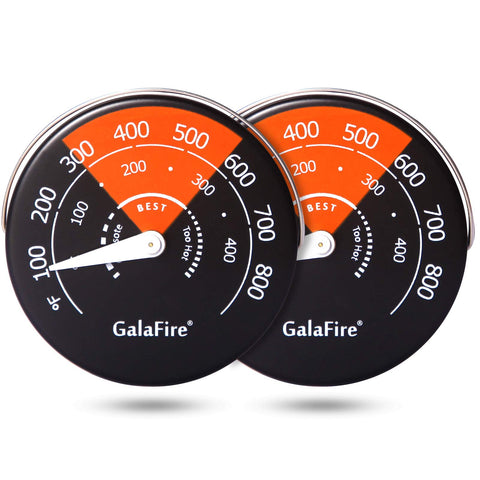 GALAFIRE thermometer on wood stove setup for easy heat monitoring.