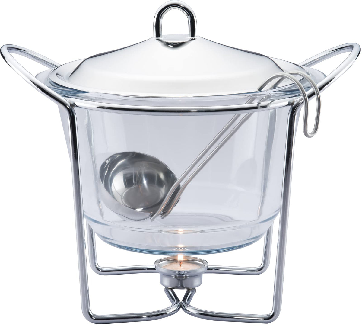 Galashield 4-quart soup warmer with glass dish keeps buffet soups warm.