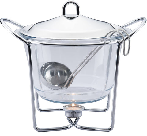 Galashield 4-quart soup warmer with glass dish keeps buffet soups warm.