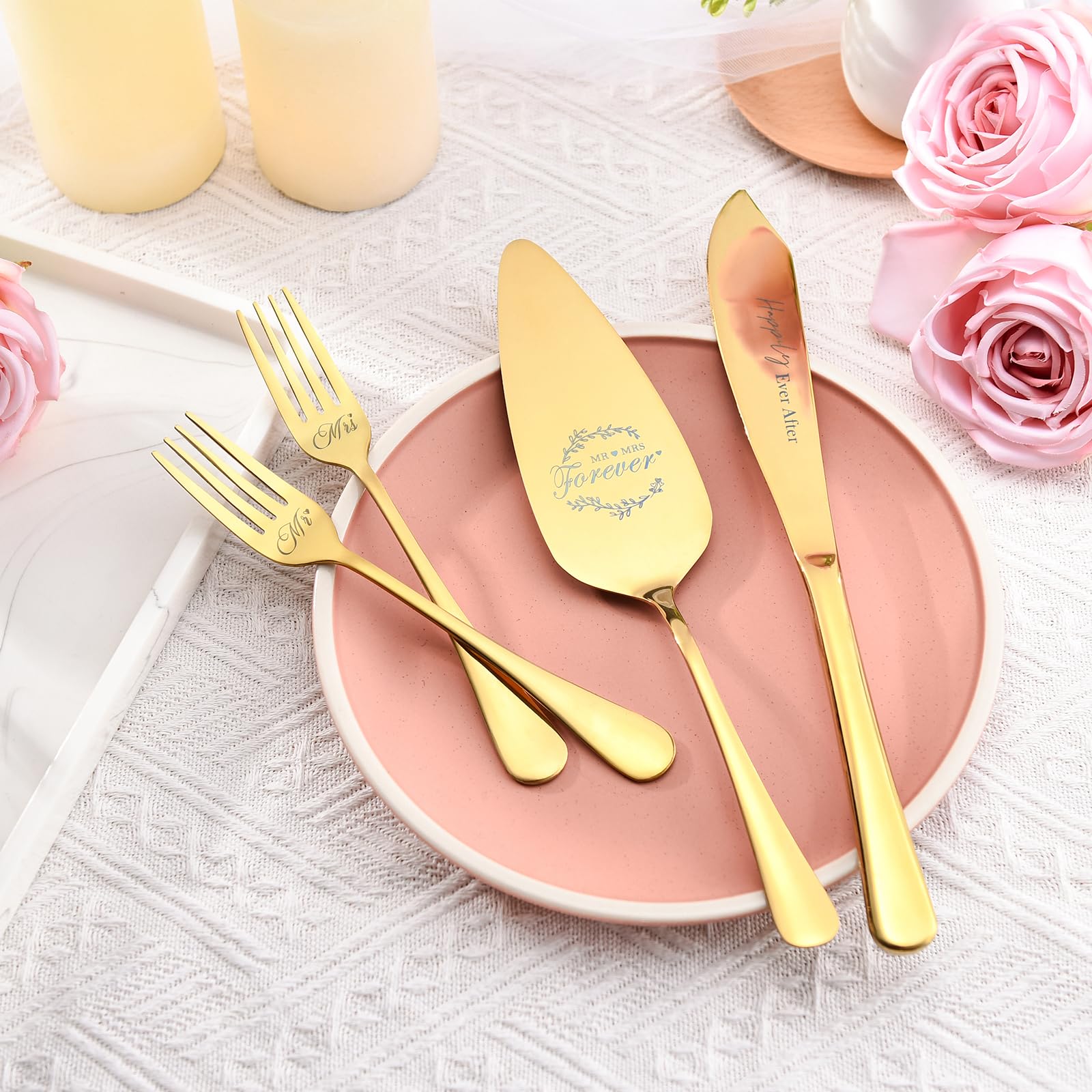 Galaxozent MR and MRS engraved forks with gold server on display for elegant entertaining.