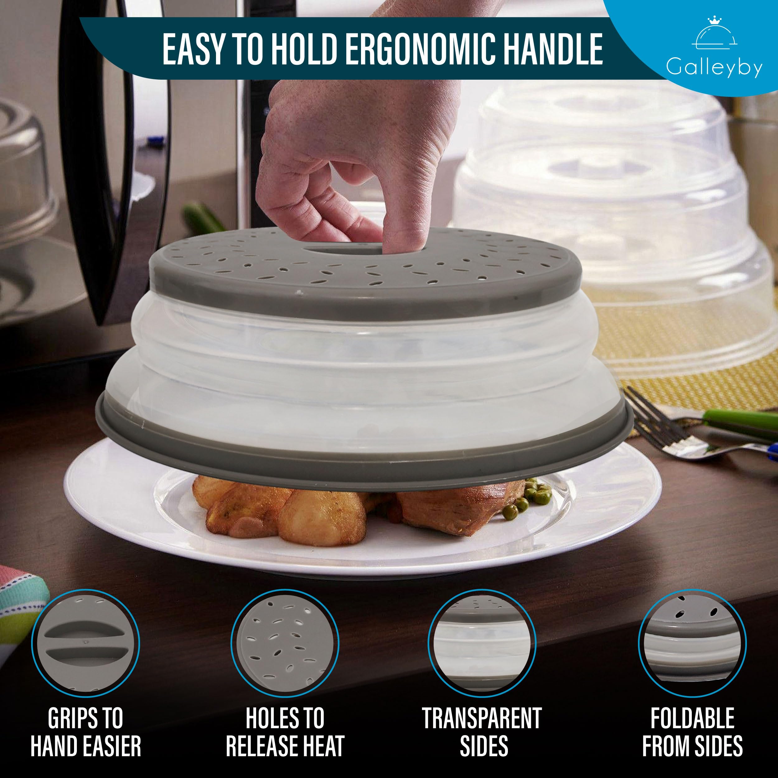 Galleyby silicone splatter cover with ventilation holes for even steam release.