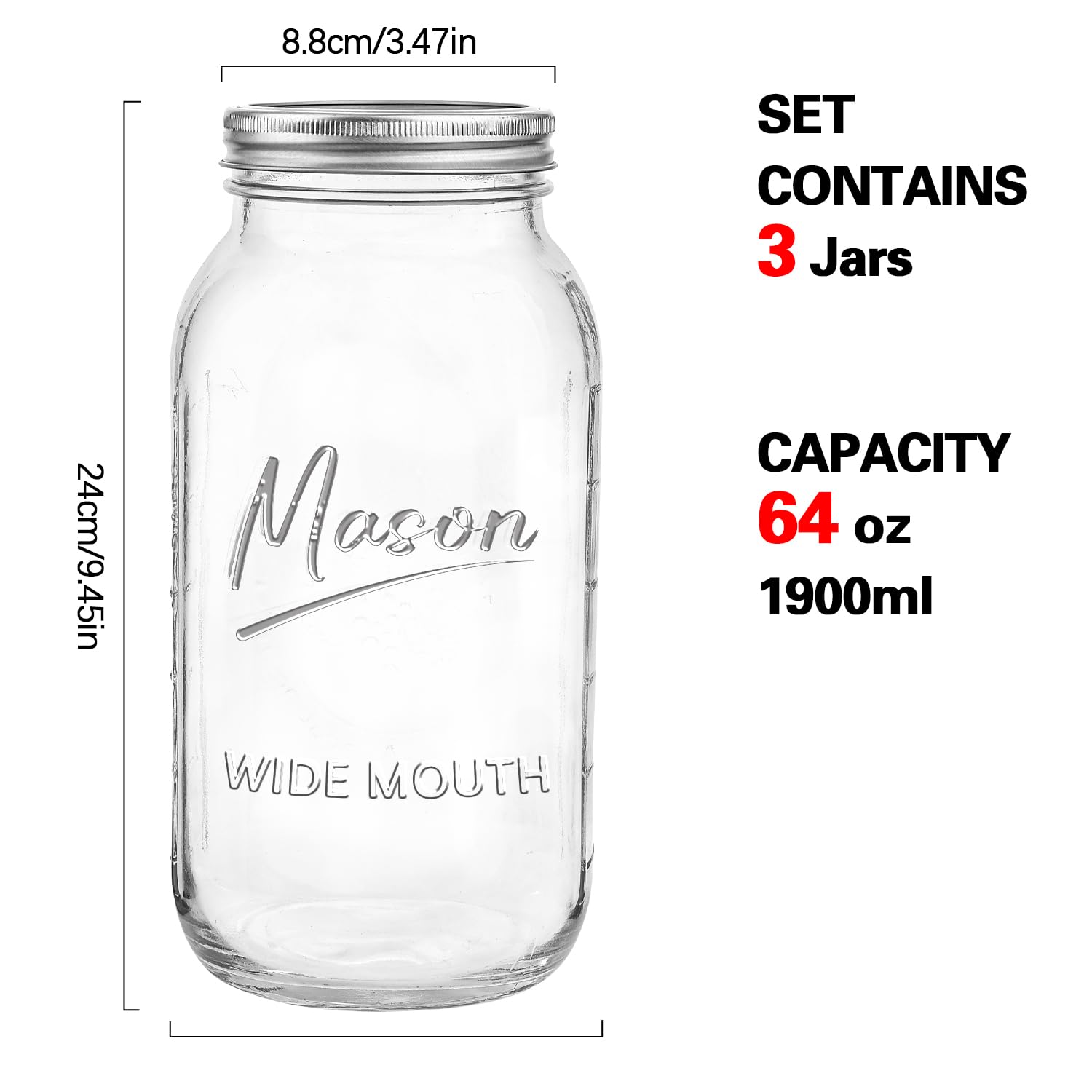 Galssmagic 64 oz half-gallon mason jar with clear glass for quick identification