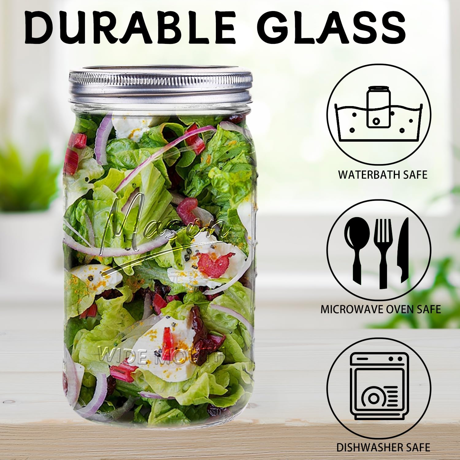 Galssmagic mason jar 32 oz, filled pantry, perfect for meal prep and stacking.