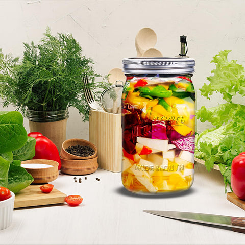 Galssmagic mason jar 32 oz, wide-mouth pickling setup with fresh vegetables.