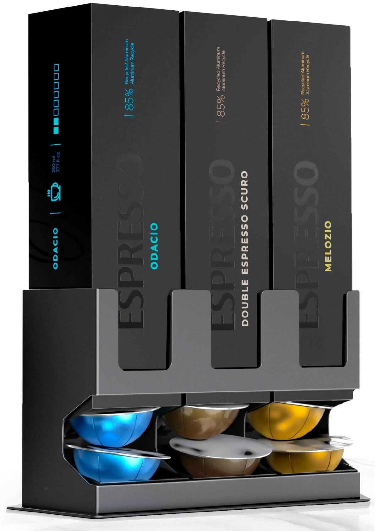 GALVANOX pod dispenser for Vertuo sleeves keeps three flavors within reach