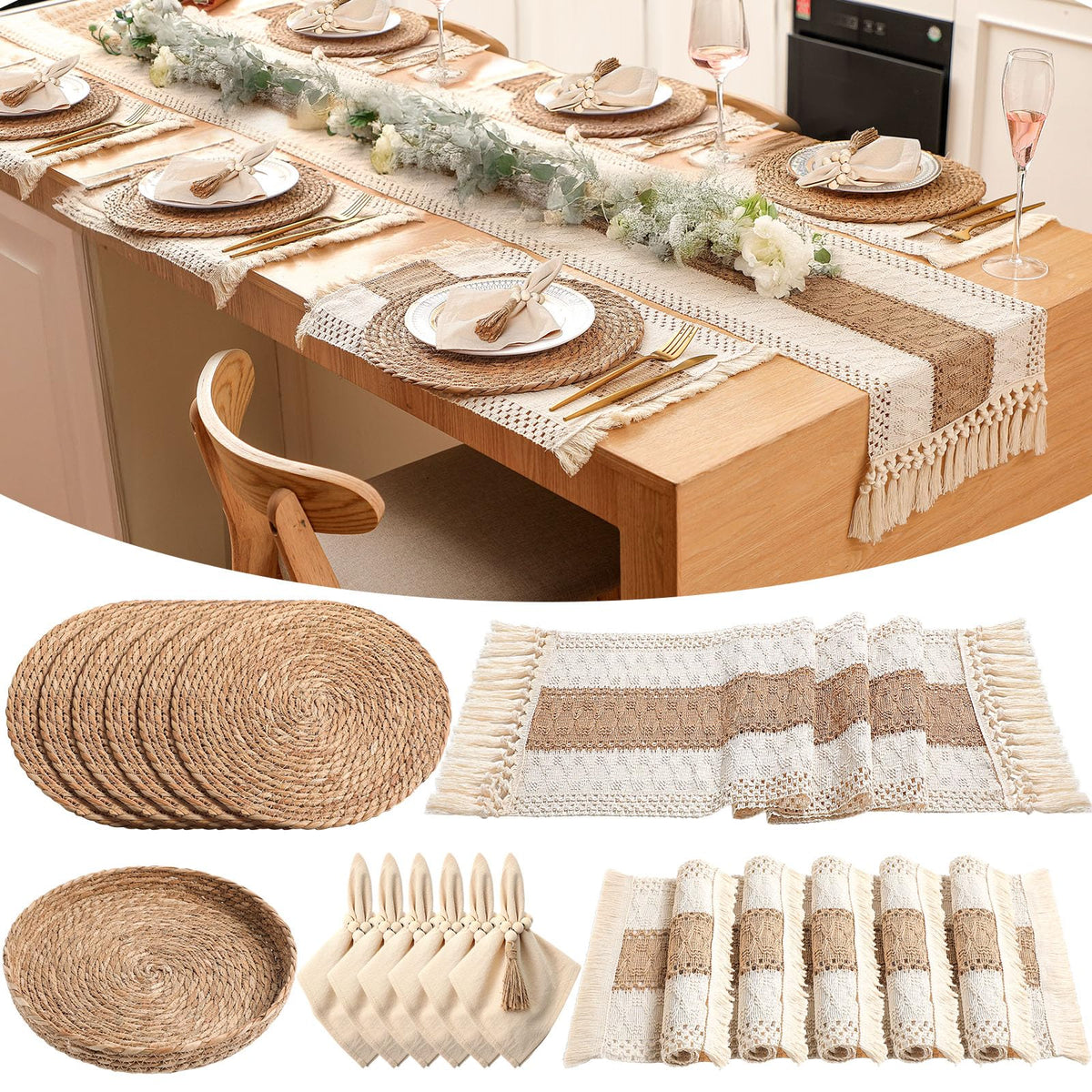 Gandeer round woven placemats on table, heat resistant and easy to wipe clean.