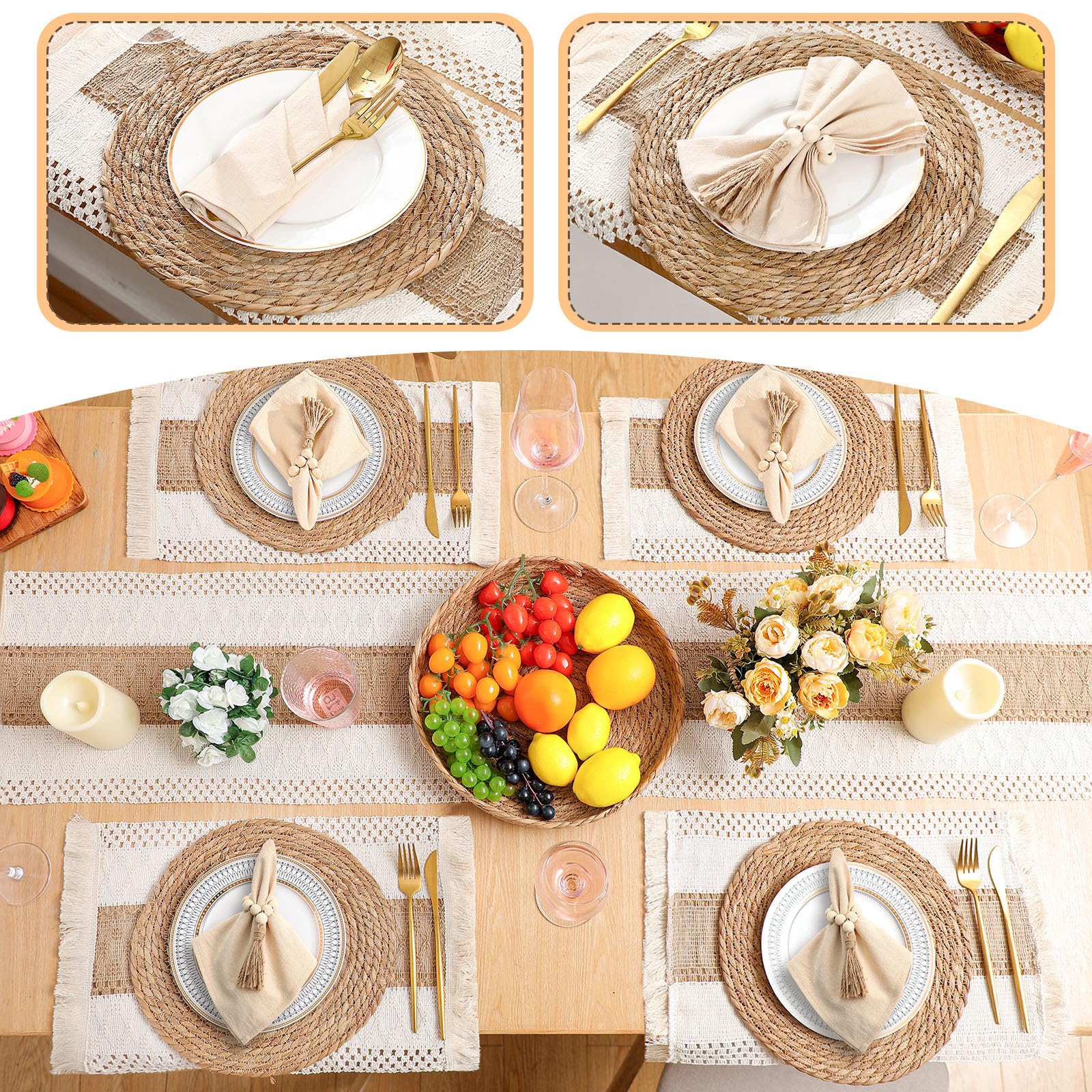Gandeer wooden bead napkin rings provide natural texture and secure napkins.