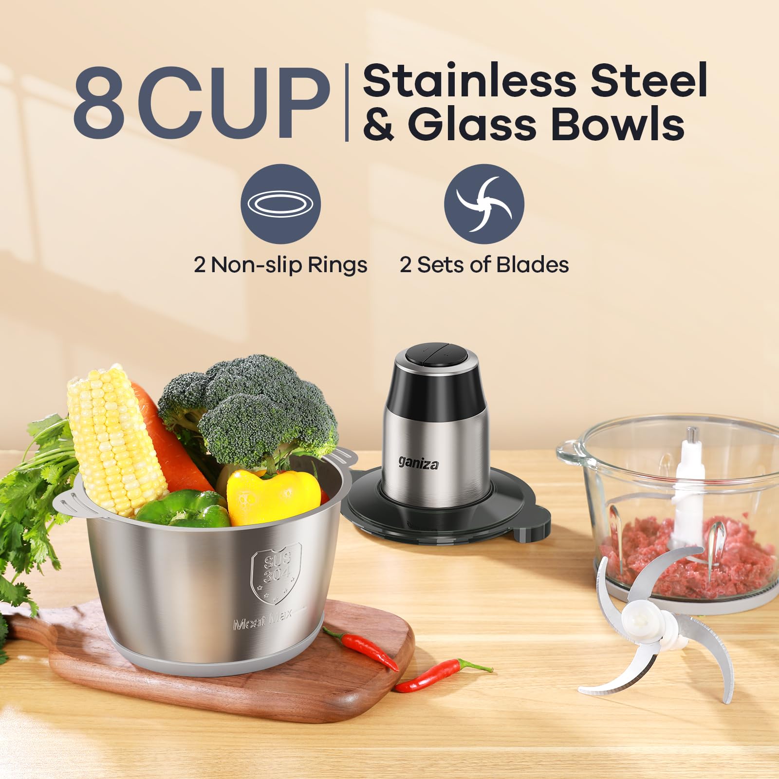 Ganiza 8-cup glass bowl for clear visibility during chopping