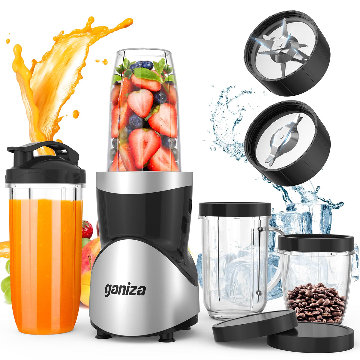 Ganiza 900W motor base powering fast blends with dense ingredients.