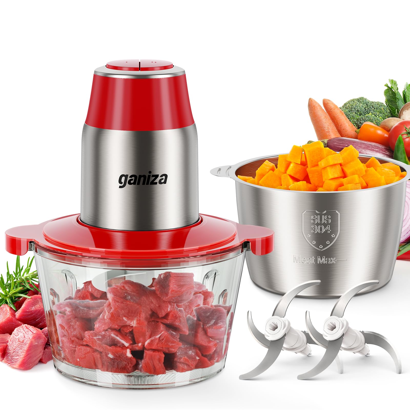 Ganiza food processor with 8-cup glass bowl for quick chopping and prep.
