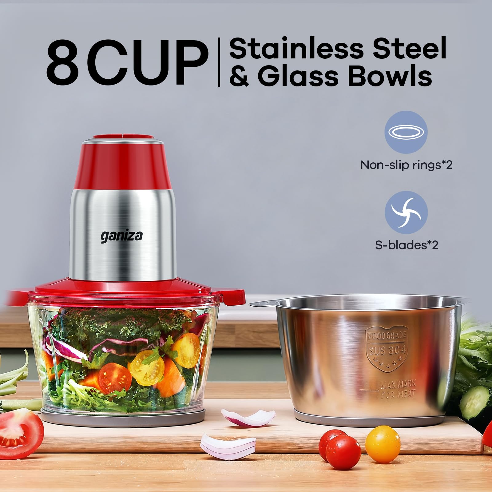 Ganiza food processor 8-cup stainless steel bowl for durable chopping.