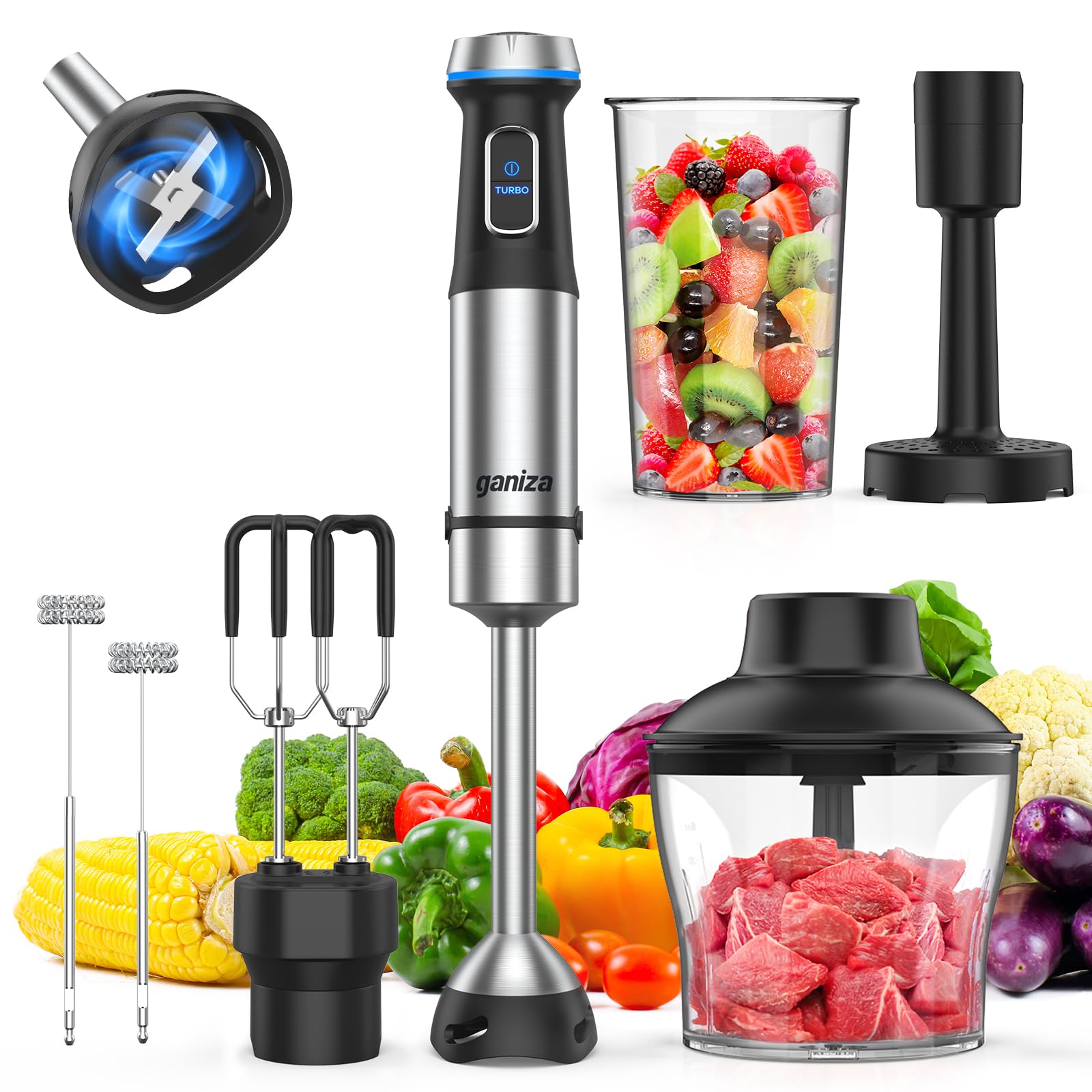 Ganiza 6-in-1 immersion blender in use for versatile blending and frothing