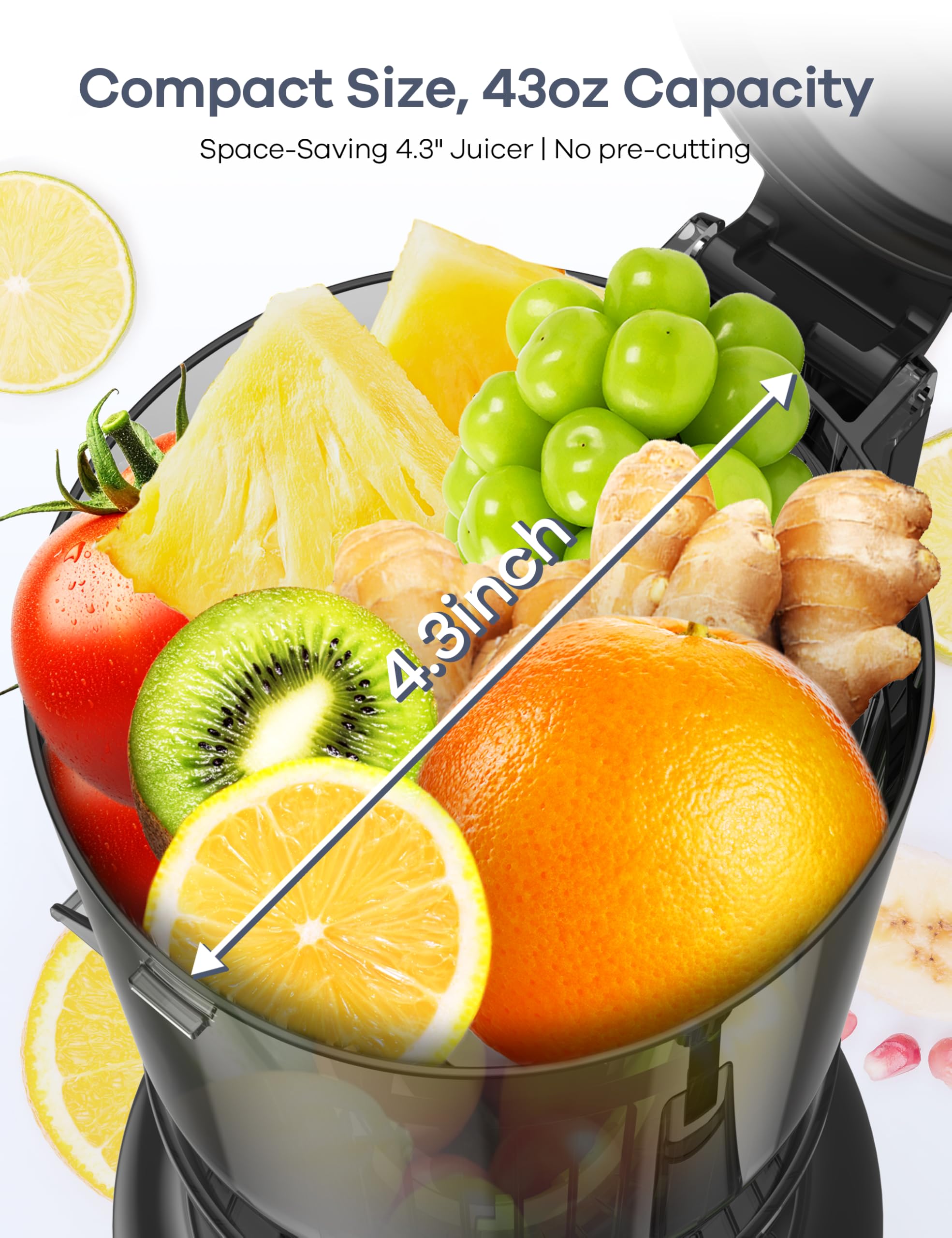 Ganiza juicer 4.3-inch footprint fits tight countertops
