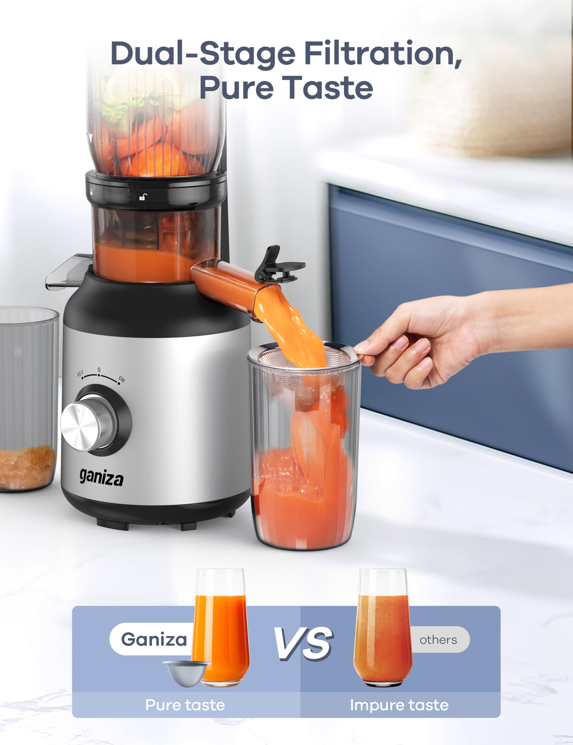 Ganiza juicer uses 64 RPM masticating technology to maximize nutrients