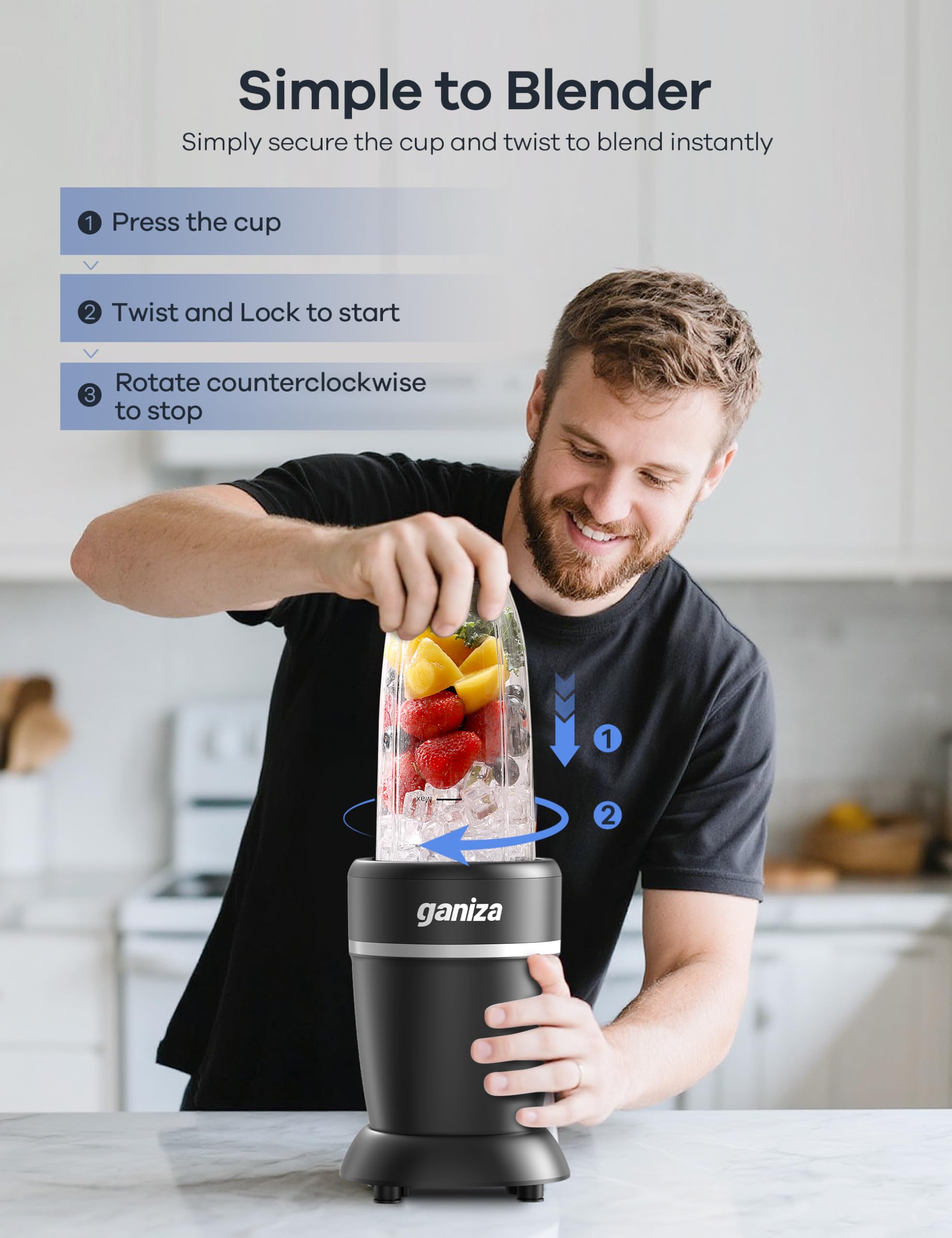 Ganiza large 1100ml cup supports family-sized blends.