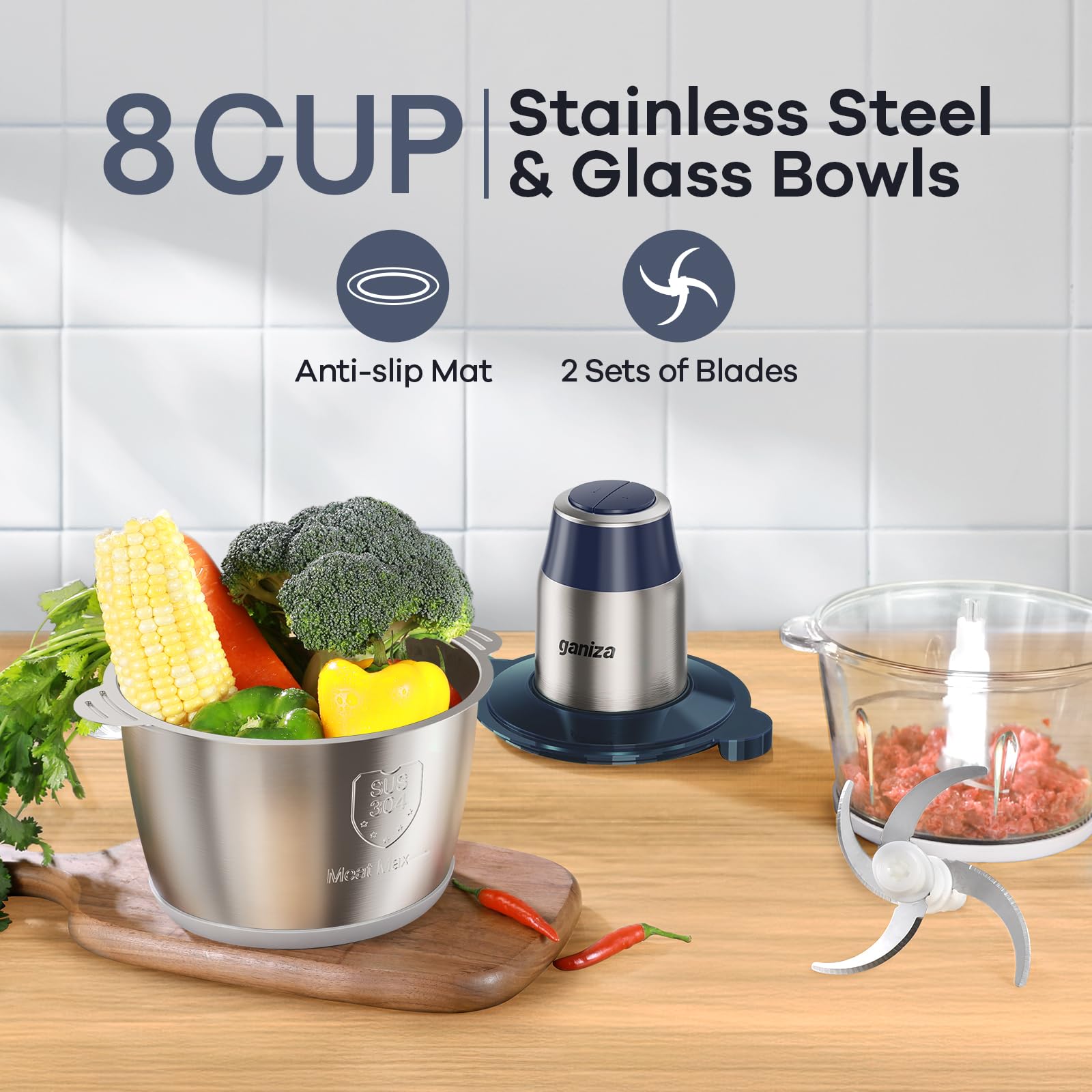 Ganiza two bowls in glass and stainless for versatile prep.