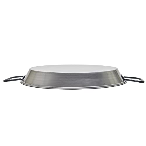 Garcima paella pan 34 cm on grill, ideal for outdoor cooking.