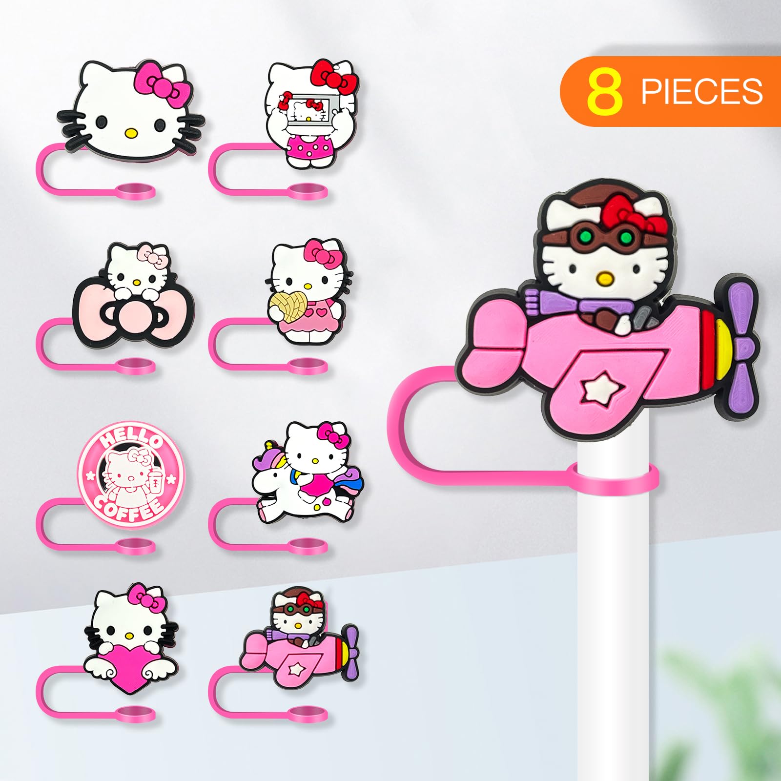 Garetheora 8pc cartoon straw toppers in bright colors for playful drinkware.