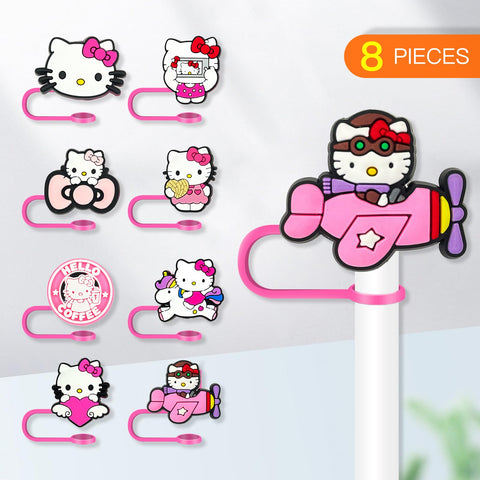 Garetheora 8pc cartoon straw toppers in bright colors for playful drinkware.