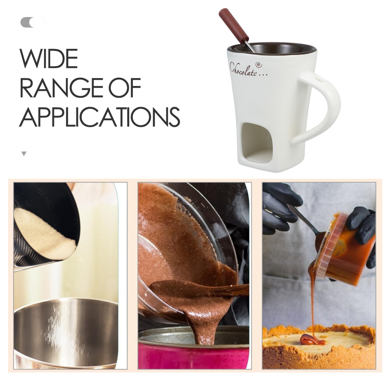 Garneck cheese and sweet fondue mugs, versatile for savory and dessert dips.