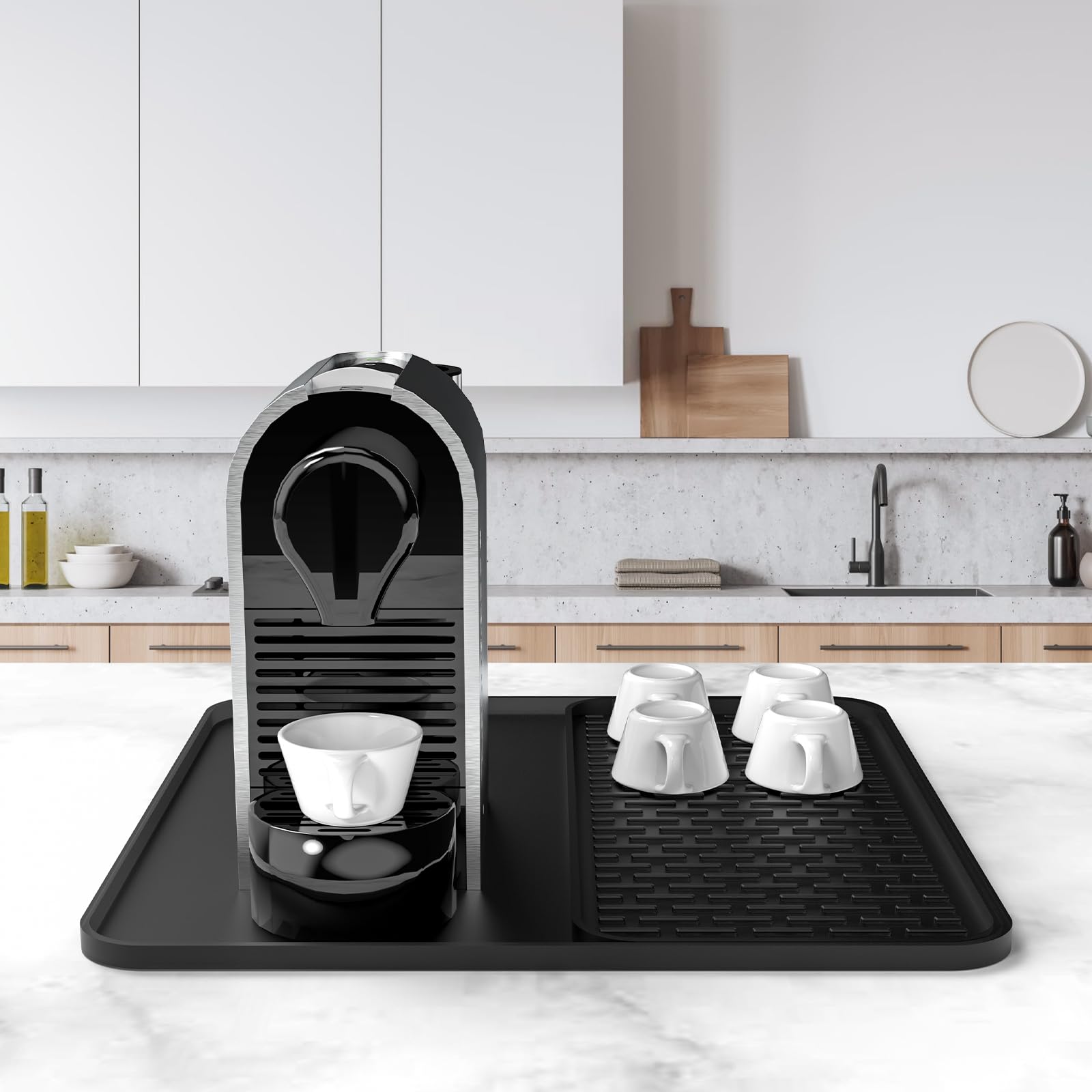 Garolue silicone coffee mat with two-part design keeps the counter organized.