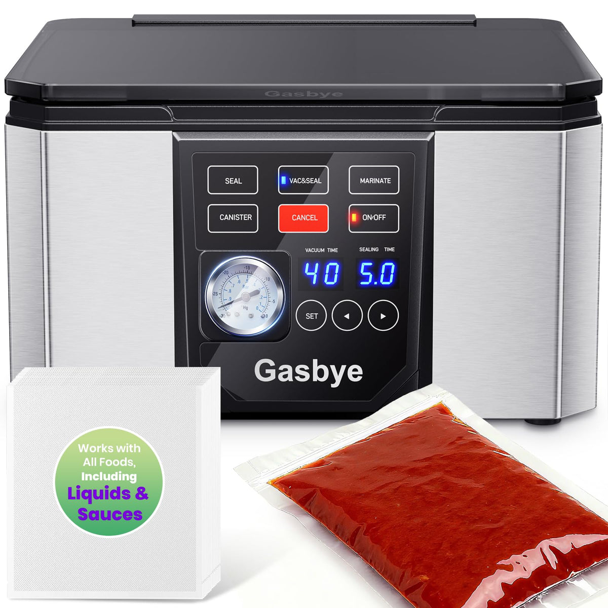 Gasbye chamber sealer with 5.28QT chamber ready for large meats and liquids.