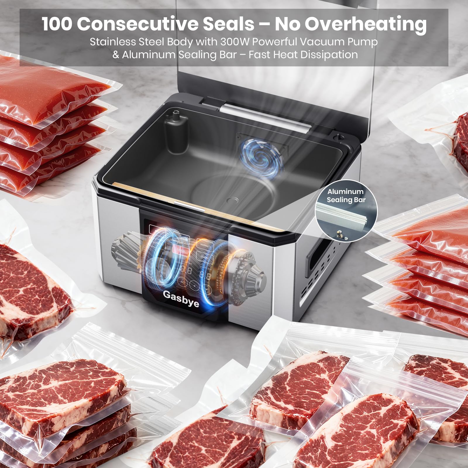 Meats, soups, and sauces seal cleanly with Gasbye for mess-free prep.