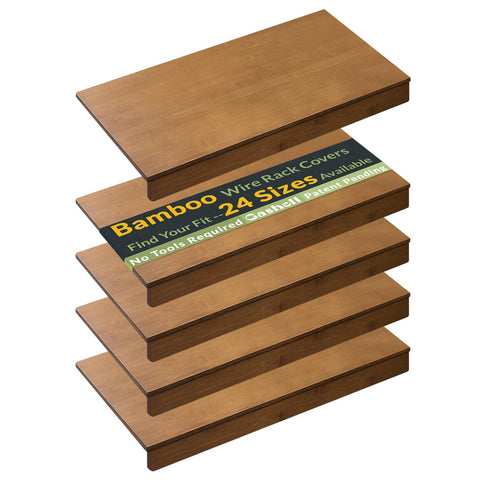 Gashell bamboo shelf cover on pantry wire rack adds warmth and organization.