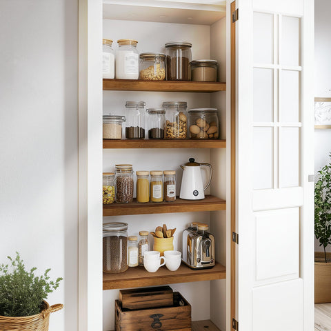 Natural bamboo finish complements kitchen and storage areas