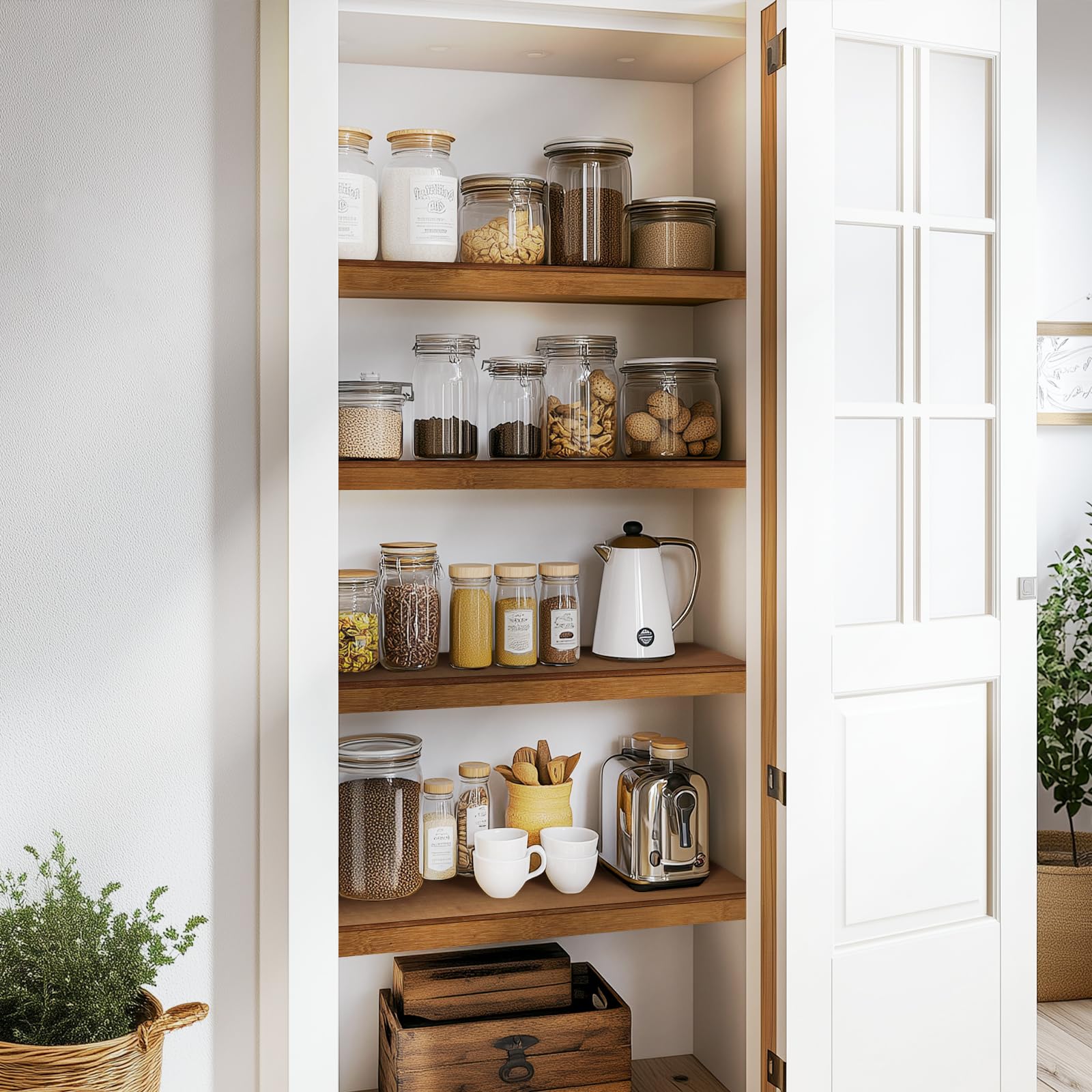 Gashell pantry organization-ready shelf cover hides wires and reduces clutter.