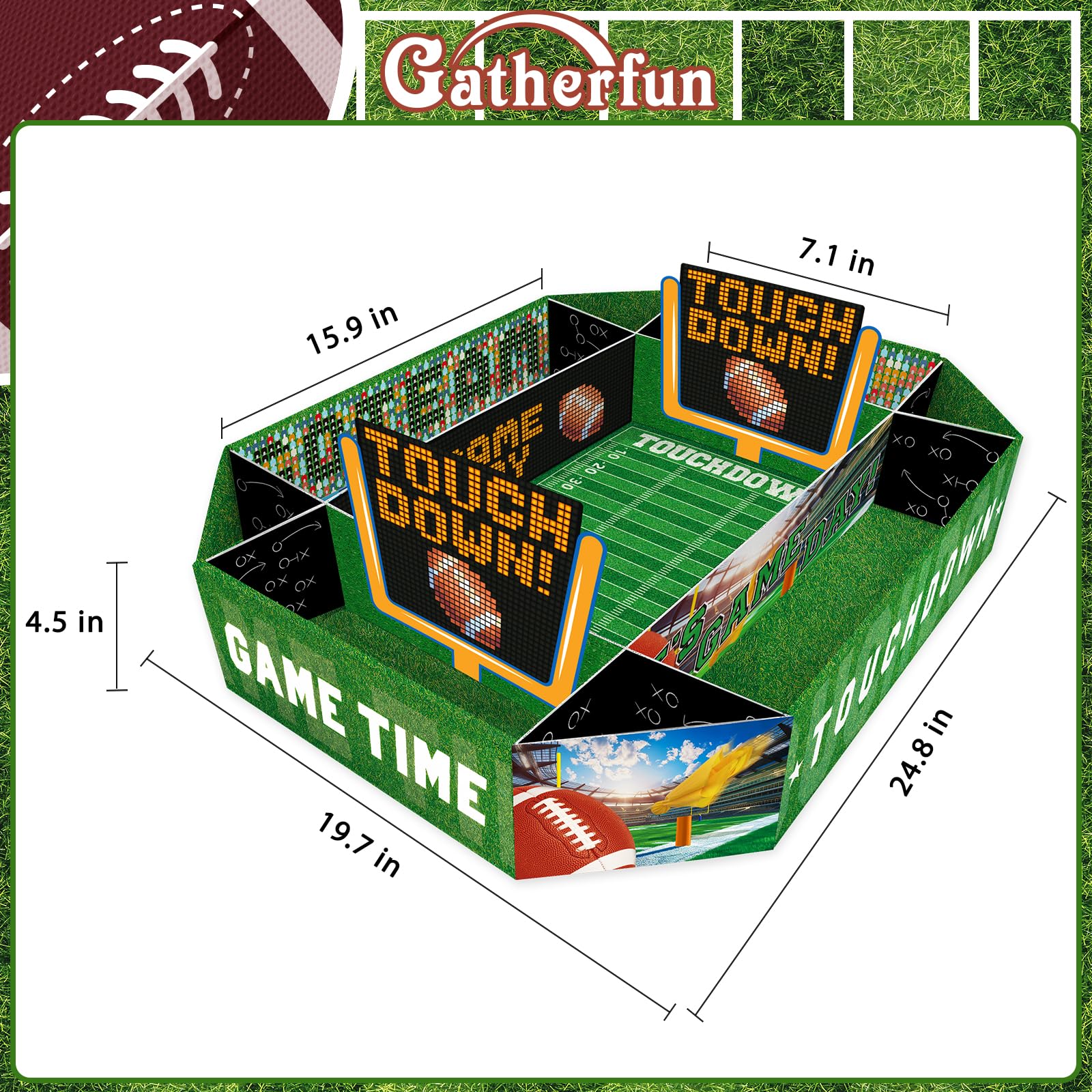 Gatherfun football tray with 9 compartments organizes chips, fingers, and dips neatly.