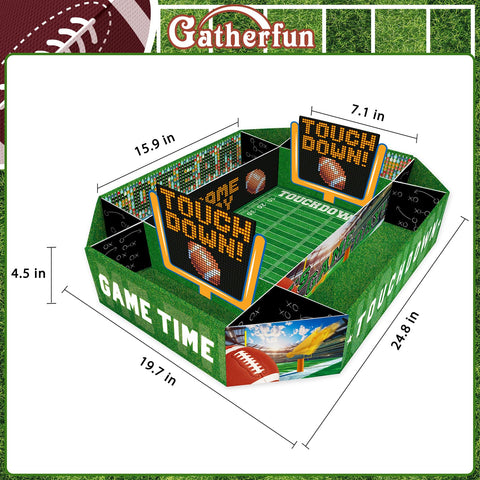 Gatherfun football tray with 9 compartments organizes chips, fingers, and dips neatly.