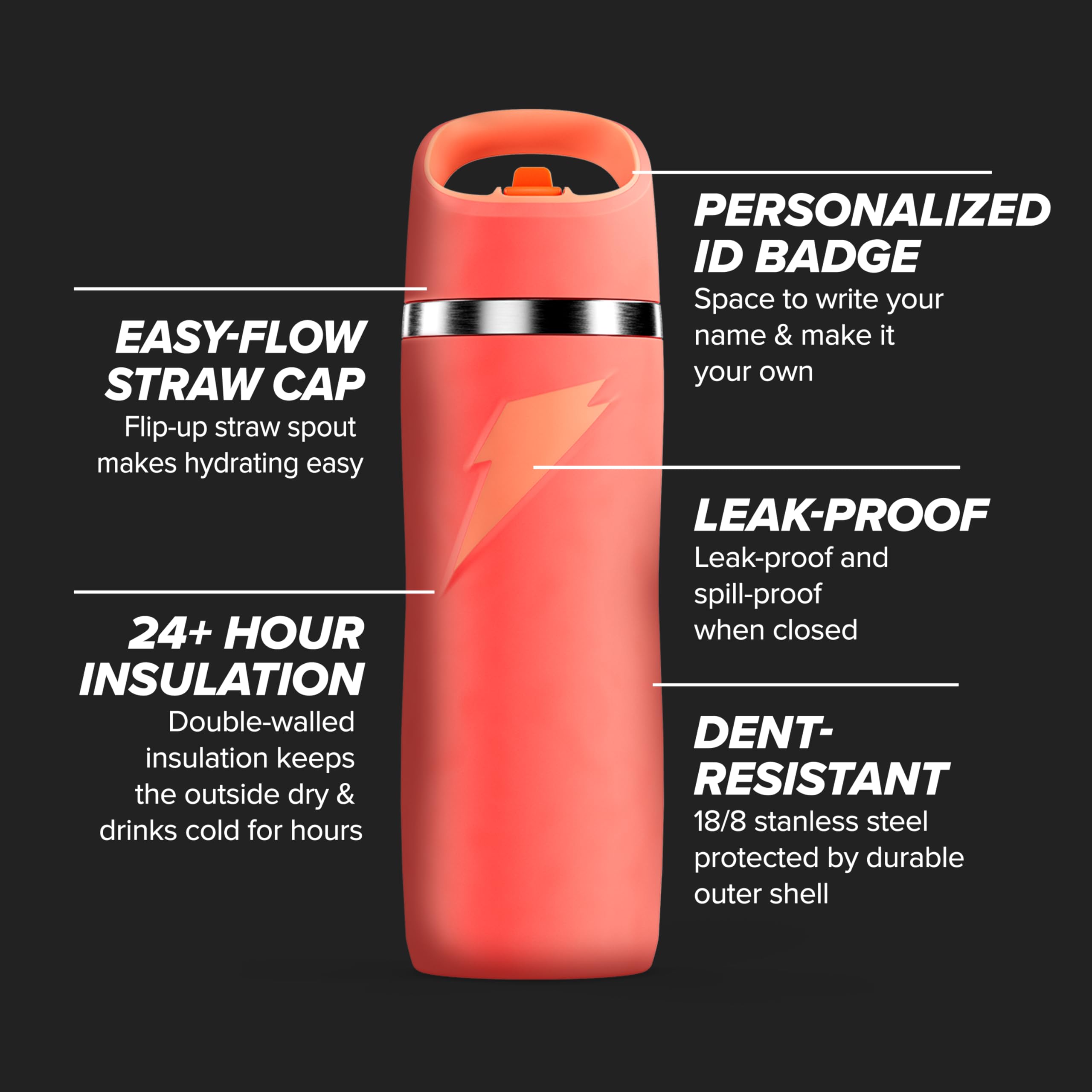 Gatorade Overtime coral straw cap shown for easy sipping on the go.