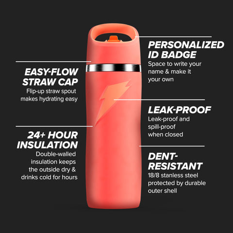 Gatorade Overtime coral straw cap shown for easy sipping on the go.
