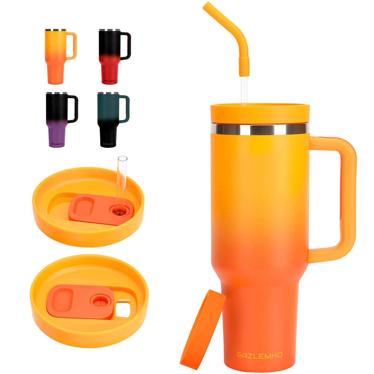 GAZLEMHO 40oz tumbler with handle and ombre orange, ideal for on-the-go hydration.
