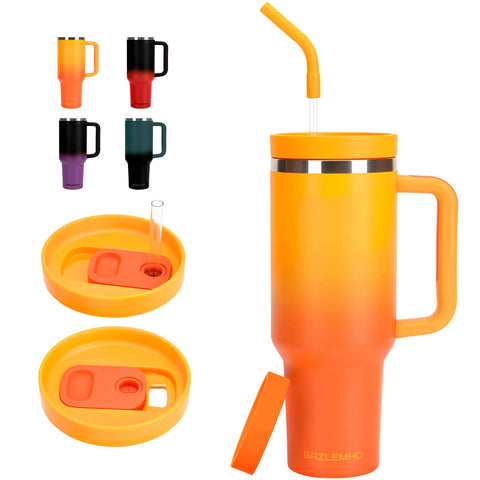 GAZLEMHO 40oz tumbler with handle and ombre orange, ideal for on-the-go hydration.
