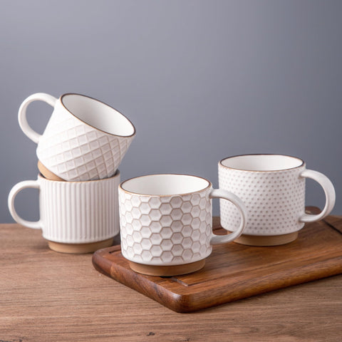 GBHOME 12oz stackable mug with embossed texture for daily coffee.