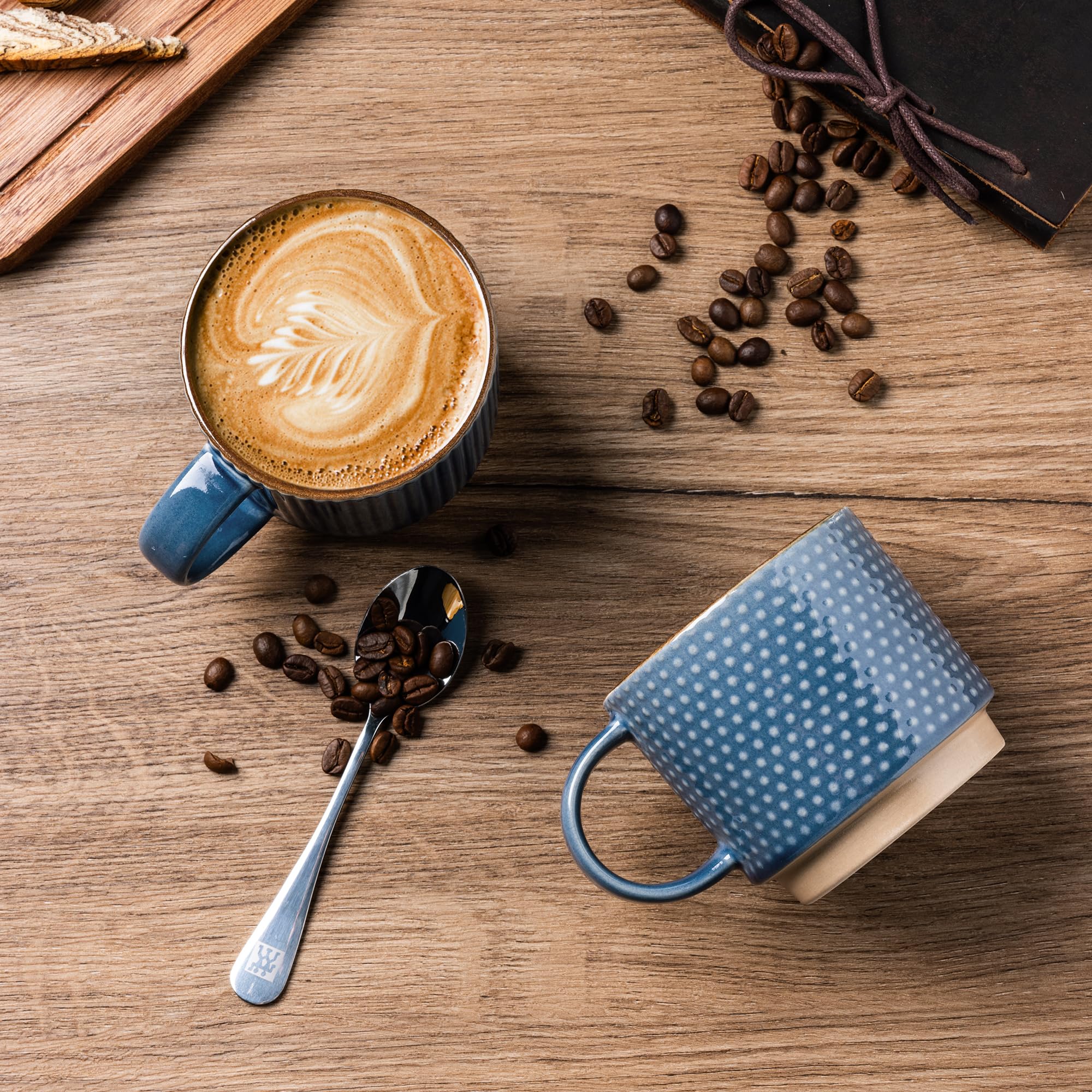 GBhome blue ceramic mug showing space-saving stackable design for small kitchens