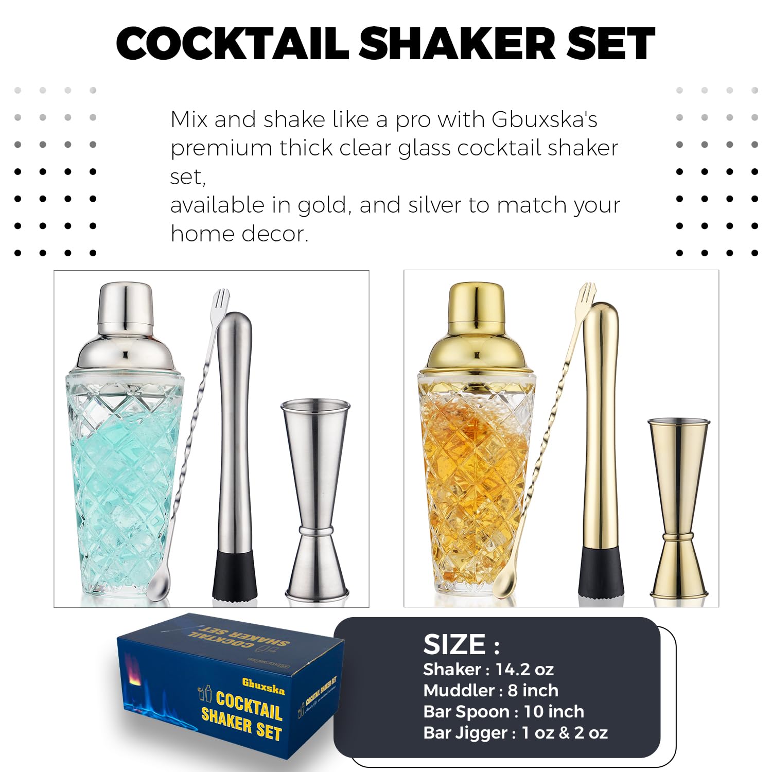 Gbuxska glass shaker with built-in strainer for mess-free cocktails.