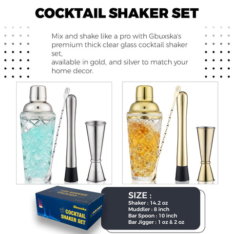 Gbuxska glass shaker with built-in strainer for mess-free cocktails.