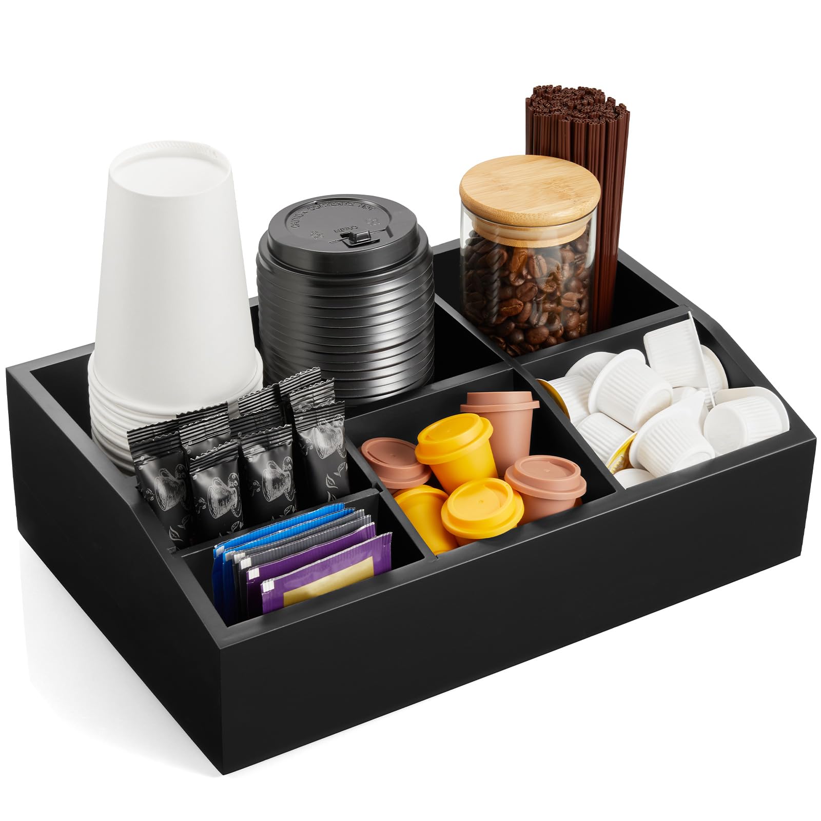 GCWSTJK black coffee station organizer top view for a tidy counter and quick access.