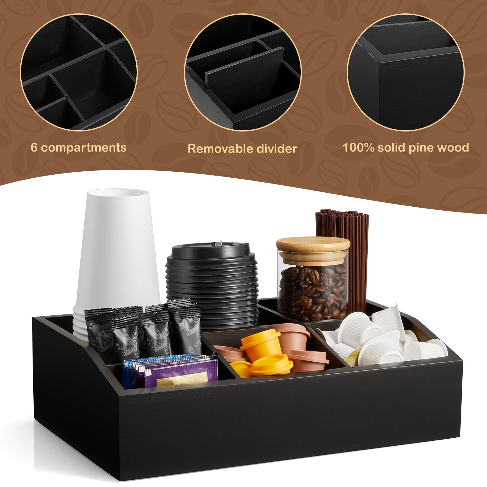 GCWSTJK durable pine coffee organizer wooden construction emphasizes long-lasting use.