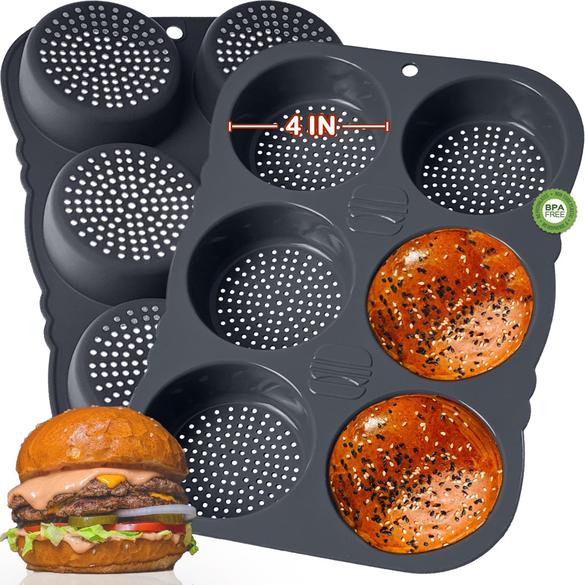GDDGCUO hamburger bun pan with 4-inch six-cup cavities for even heat distribution