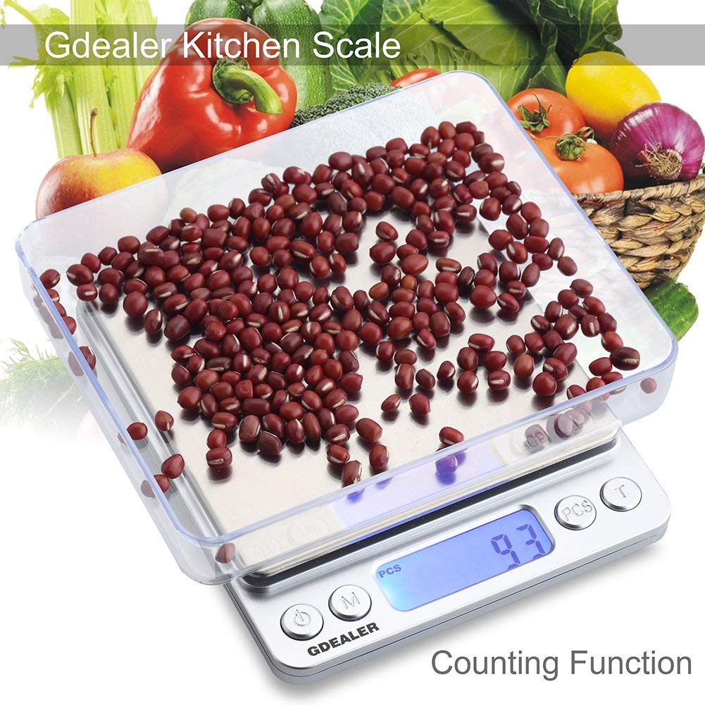GDEALER food scale tare function reveals net ingredient weight.
