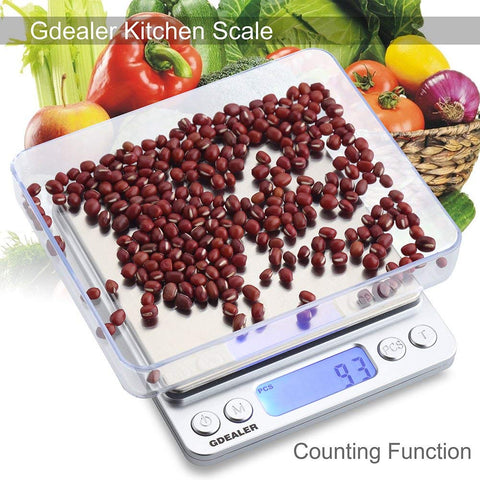 GDEALER food scale tare function reveals net ingredient weight.