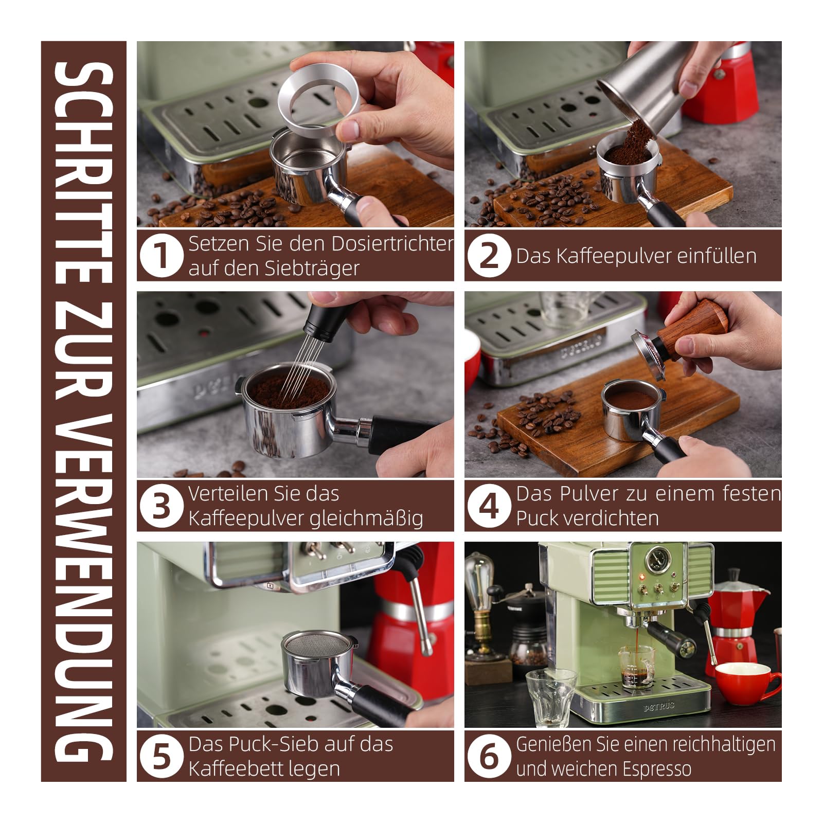 GdHaHSP espresso stirrer tool in hand for precise distribution during prep.