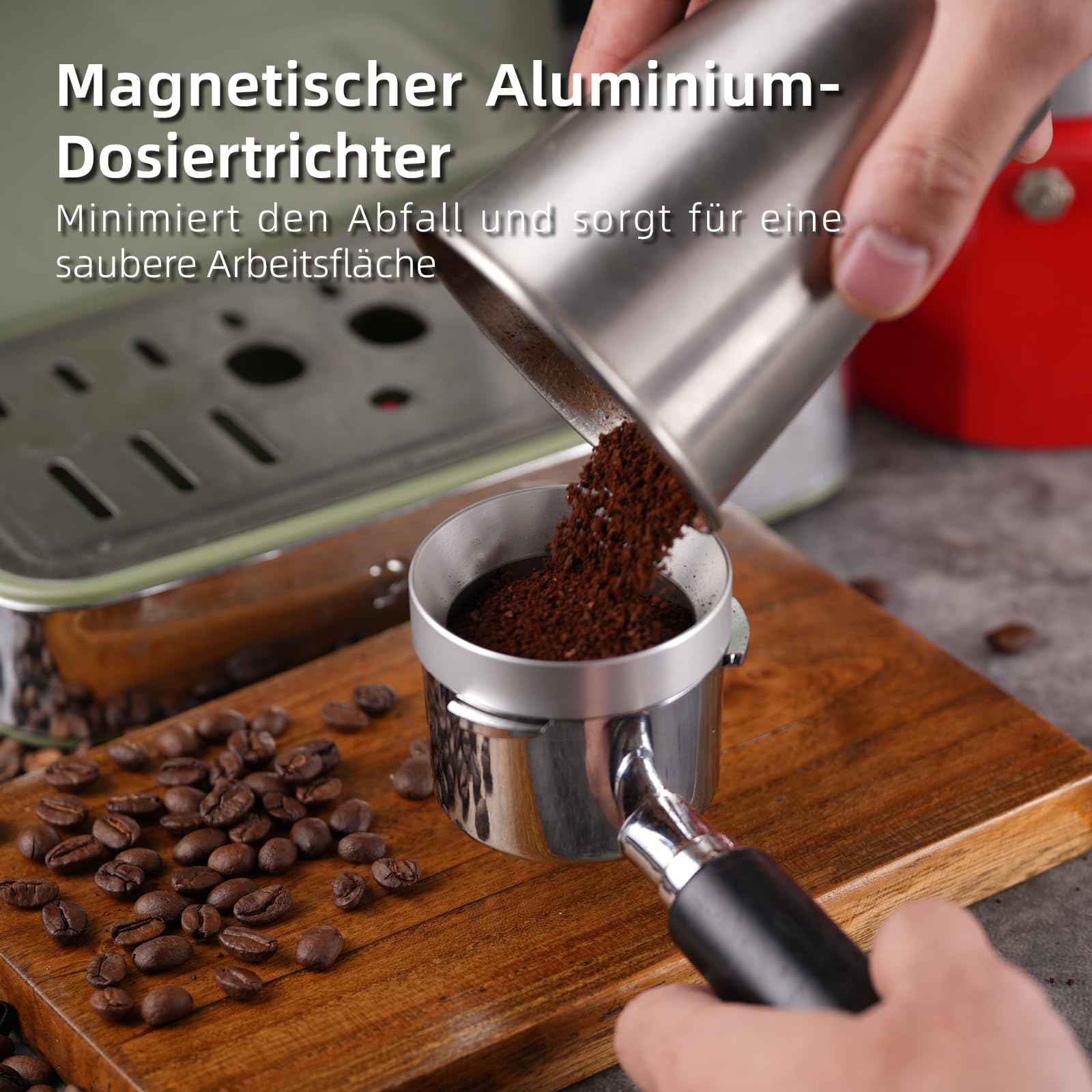 GdHaHSP magnetic dosing funnel in action for clean, precise coffee dosing.